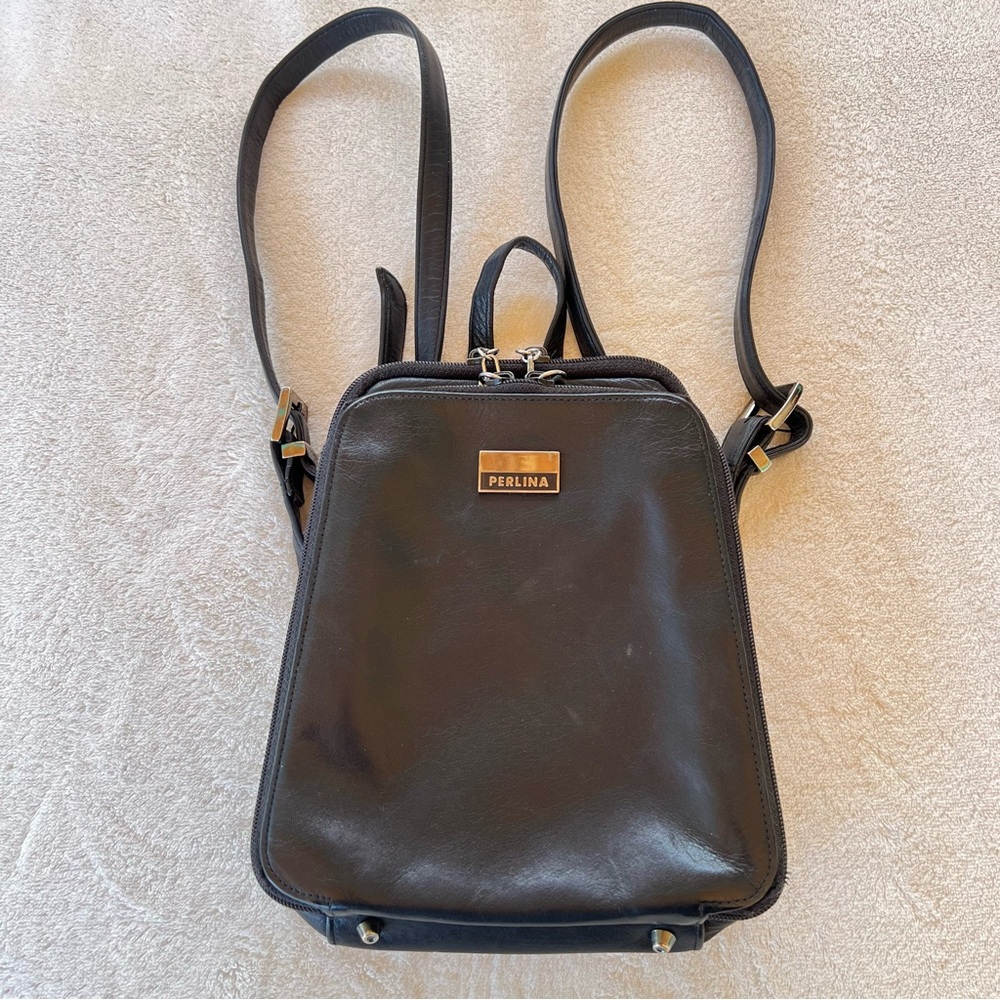 PERLINA SOFT LEATHER BLACK BACKPACK VINTAGE 3 COMPARTMENT SMALL